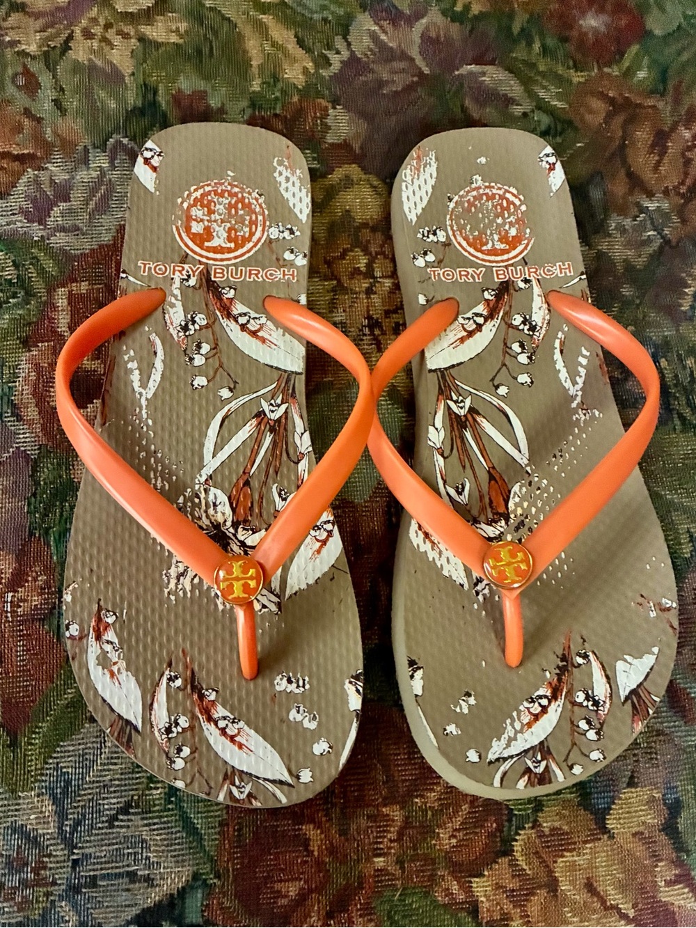 Tory Burch Orange-Strap Printed Logo Flip Flop Sandals